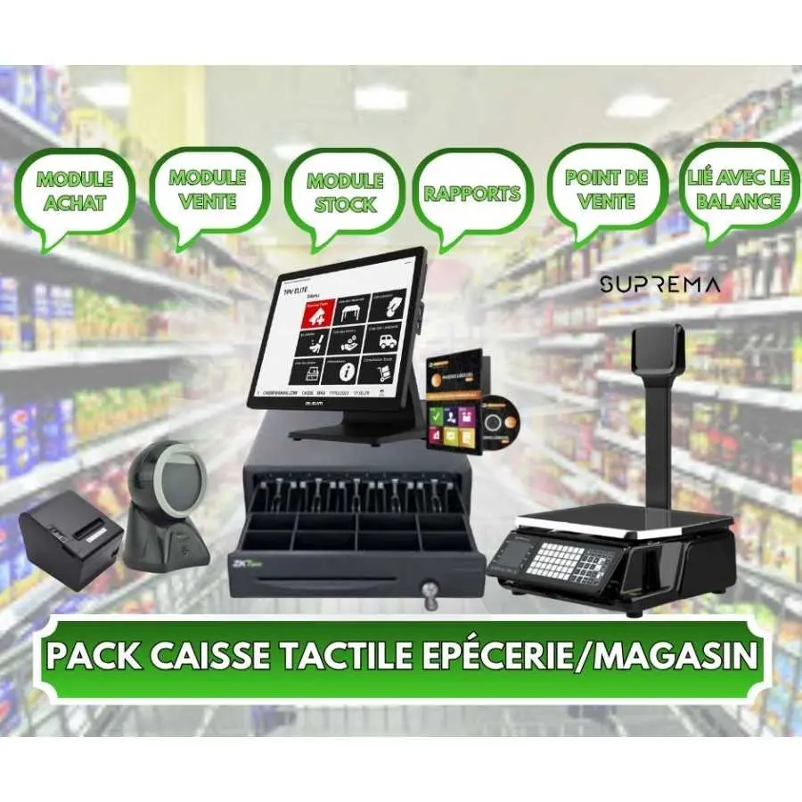 PACK CAISSE TACTILE EPICERIE BALANCE SUPREMA SCANNER CODE BARRES