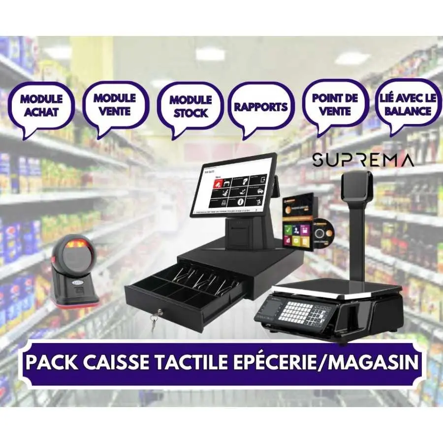 PACK CAISSE TACTILE EPICERIE BALANCE SUPREMA + SCANNER CODE BARRES